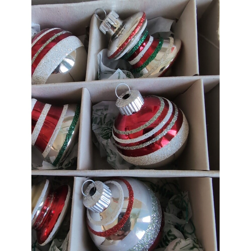 Shiny Brite Glitter/Mica Stripe Christmas Ornaments Bell Ball UFO Atomic Set 12 - Picture 3 of 7